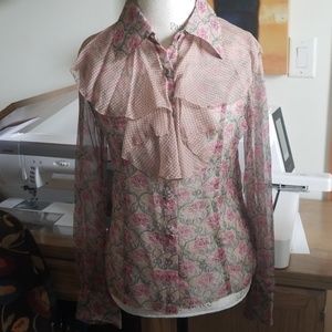 Anna Sui Anthropologie Silk Ruffle Front Blouse